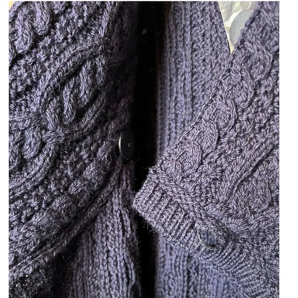 Aran Crafts 100% Merino Wool Cable Knit Coatigan in Navy Blue Women’s Large